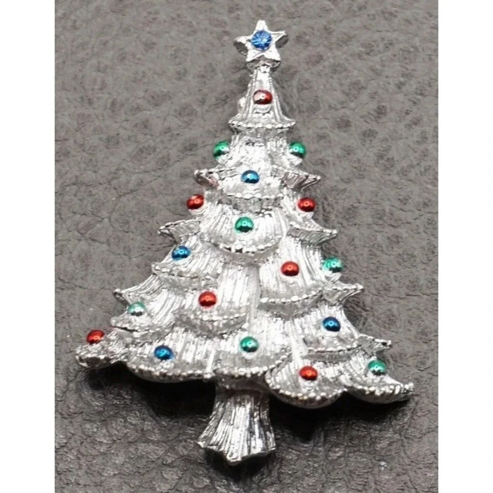 Vintage Christmas Tree Brooch Rhinestone Red Green Blue Silver Tone MCM Retro